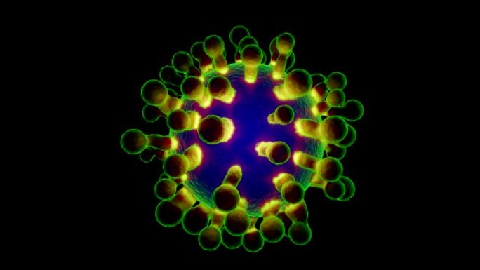 黑色背景上的冠状病毒 (新型冠状病毒肺炎) 医学动画。