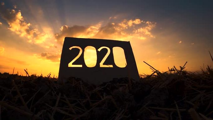 回收纸板的剪影与2020文本在日落天空背景和阳光通过文本。新年和庆祝活动的概念。
