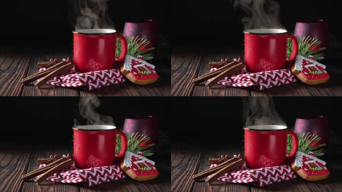 红色杯子里的热巧克力，木质背景上有肉桂和姜饼