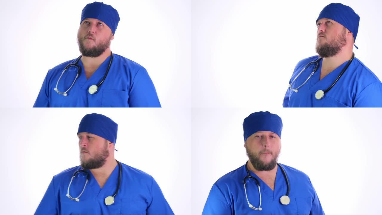 身穿蓝色衣服的大胡子医生，脖子上戴着超声内窥镜，在白色背景上跳舞