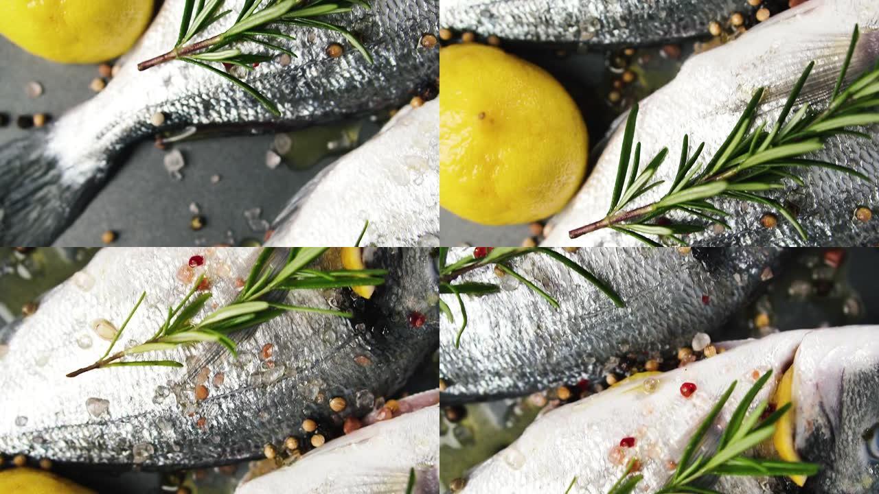 加香料的新鲜生鱼配柠檬汁和迷迭香，顶视图，多莉射击。