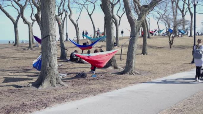 伊利诺伊州埃文斯顿/美国-2020 3月8日: 西北大学的学生在密歇根湖湖畔的吊床上放松