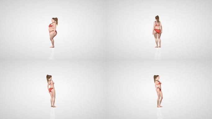 减肥的胖女人，旋转的相机，白色的工作室