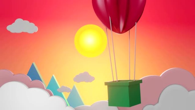 心形气球漂浮在山上，日落与云密布。