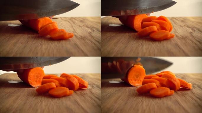 厨师切胡萝卜。慢动作。