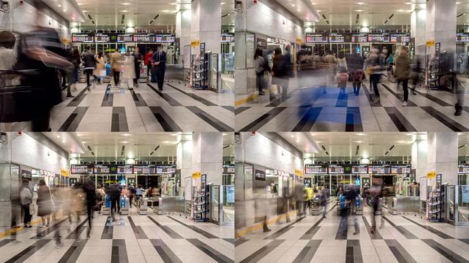 延时-火车站售票厅的人行通勤人群