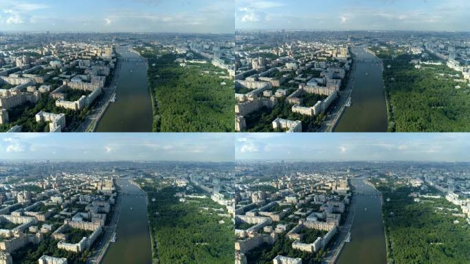 莫斯科河、高尔基公园和莫斯科城市景观的鸟瞰图