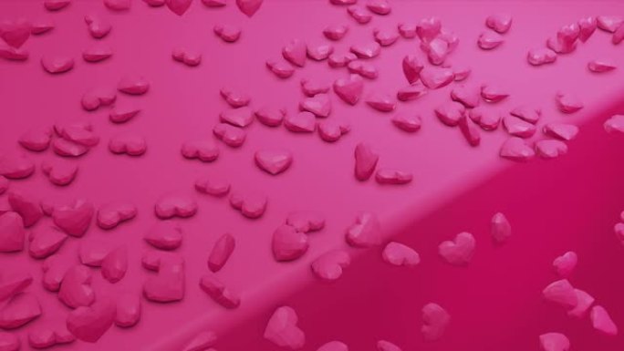 粉色可爱的飘落多边形心形。情人节。活动背景。3D渲染动画4k