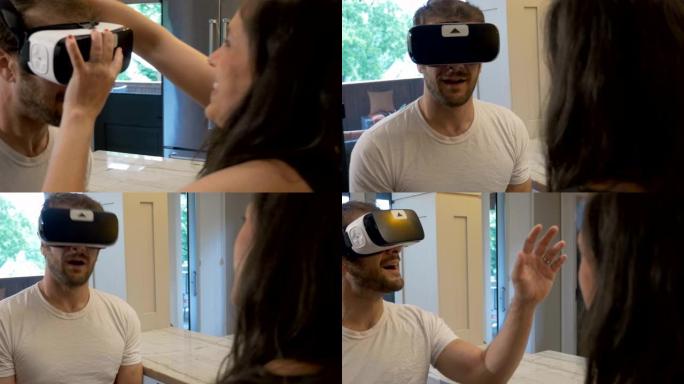 美女给体验虚拟现实的男人戴上VR耳机