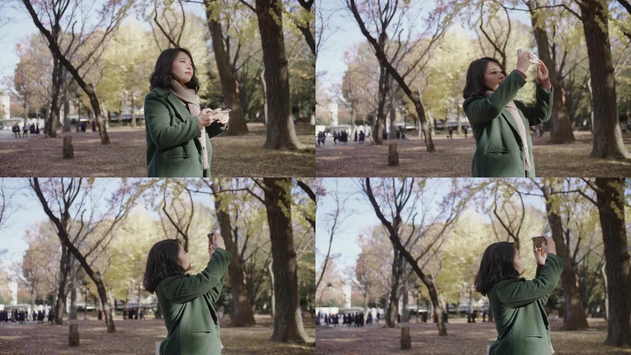 女人在秋天拍摄智能手机照片。