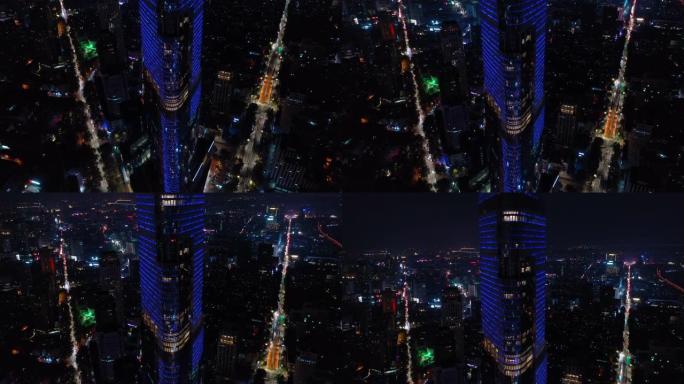 夜间照明南京市中心交通街环塔空中俯拍全景4k中国