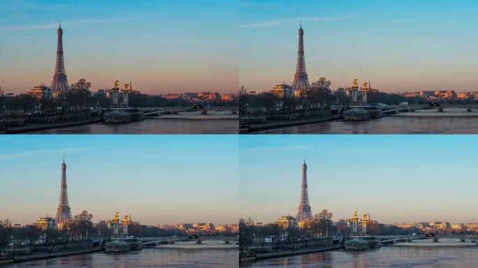 4k时间流逝: 法国巴黎冬季的埃菲尔铁塔