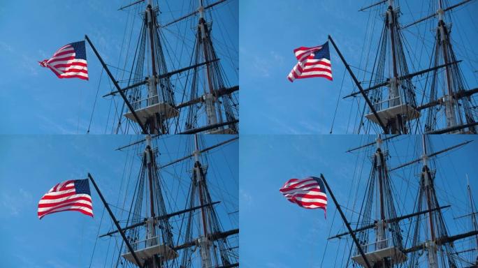 美国国旗在波士顿港的宪法上