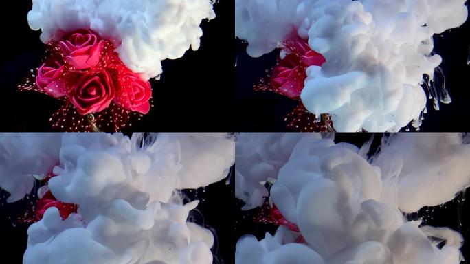 慢动作视频美丽的婚礼花束红玫瑰和白色水彩墨水在水中黑色背景