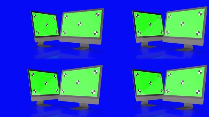 两台绿色屏幕的现代计算机，隔离在蓝色背景上。3d渲染。