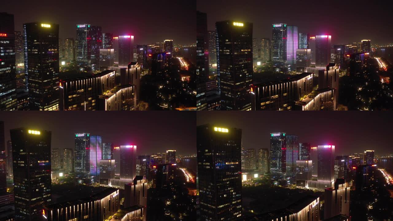 夜间照明杭州市中心现代建筑空中全景4k中国