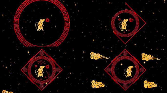 金色农历新年背景，红色，金色和黑色，老鼠，烟花，闪闪发光的星星3D渲染循环4k。神奇的新年快乐动画