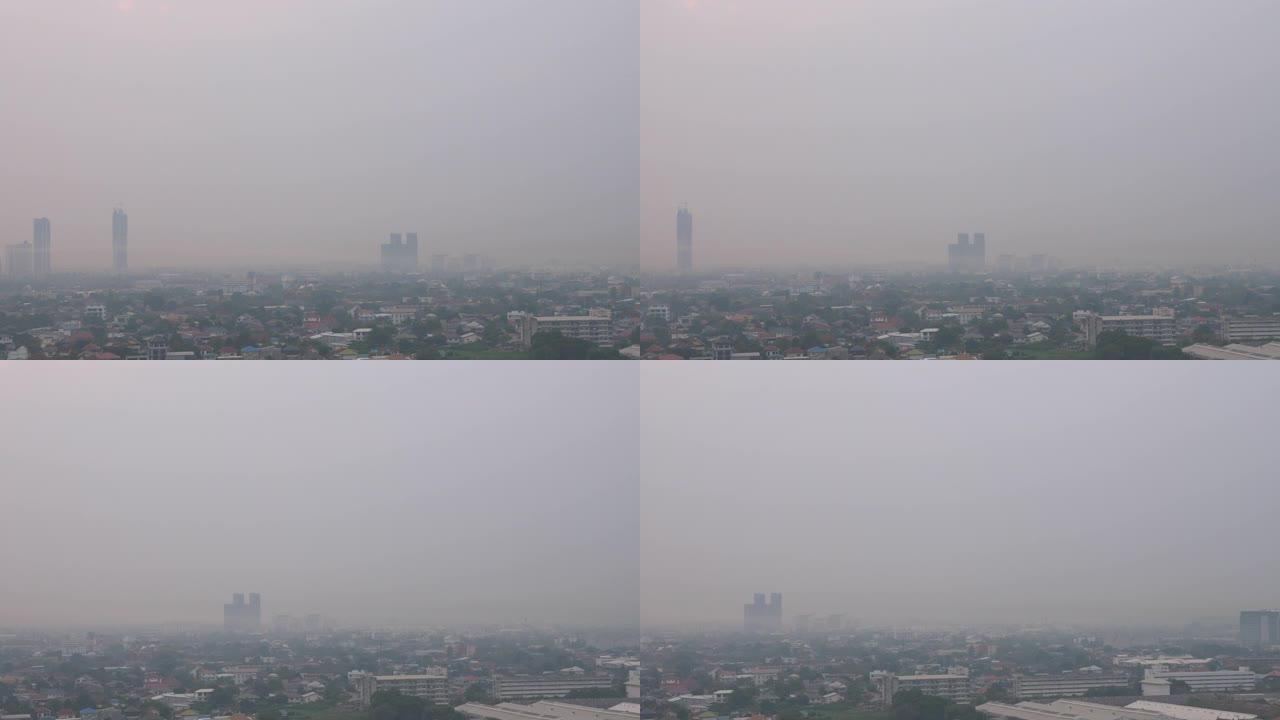 污染概念。在城市周围平移摄像机，Pm 2.5或空气中的颗粒物在晚上覆盖整个城市。Pm 2.5可以使人