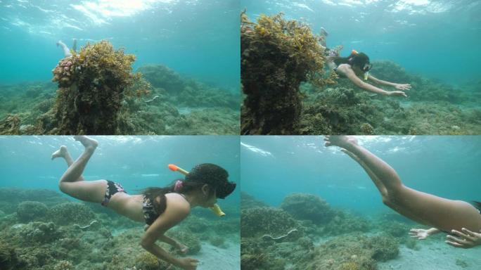 穿着比基尼和浮潜装备的性感年轻女子在水下海洋中游泳。
