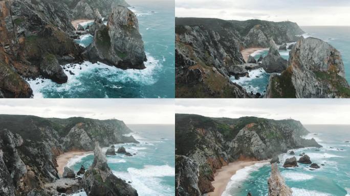 海洋海岸上裸露的悬崖被风景如画的海浪冲刷