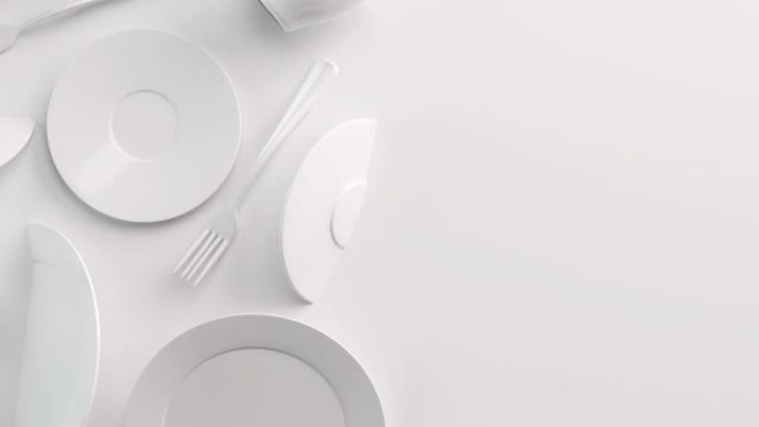 设计菜单餐厅或咖啡馆的白色食品背景概念。为您的标志复制空间。食物传单。陶瓷盘子和盘子。白色背景上的白