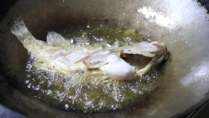 在锅里用热油炸石斑鱼。泰式食物。烹饪概念。食物，油炸食物