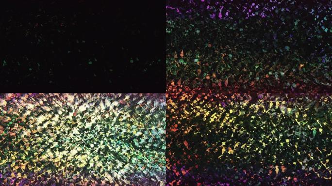 真正的发光二极管光在未来充满活力的刮擦全息箔背景上移动，毛刺效果，随机色差。