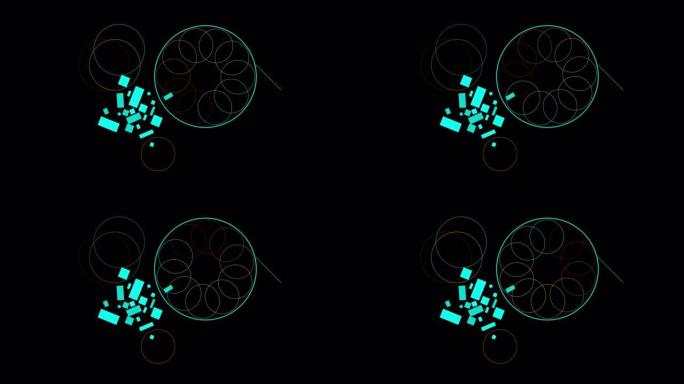 旋转彩虹圈和随机矩形的抽象艺术背景