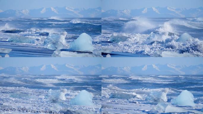 海浪冲刷了冰山。冰雪冬季景观全球变暖