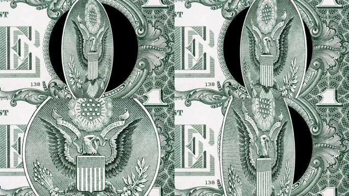 带有旋转鹰特写的1美元钞票的创意4k视差视频细节。一美元纸币宏观观。