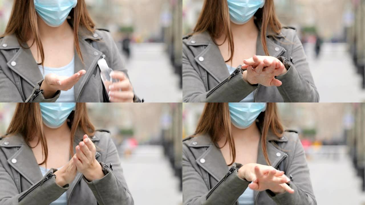 戴防护面具的女人用消毒剂清洁手