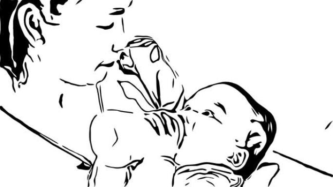 手绘，涂鸦卡通风格，妈妈拥抱她的男婴奶瓶喂奶，妈妈摇篮曲她的宝宝睡觉