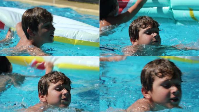 小男孩在游泳池游泳孩子练习有氧运动