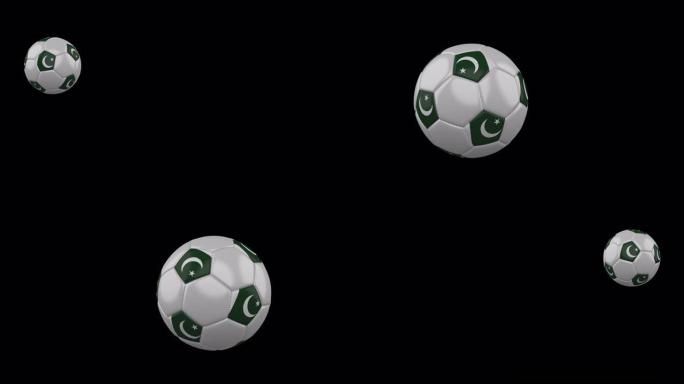 巴基斯坦国旗在透明背景下飞行的足球上，阿尔法频道