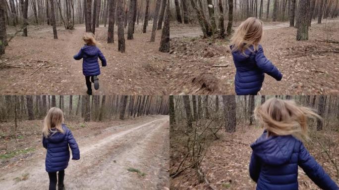 女孩穿过森林实拍