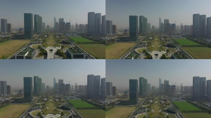 飞越杭州市河滨公园广场建设区空中全景4k中国