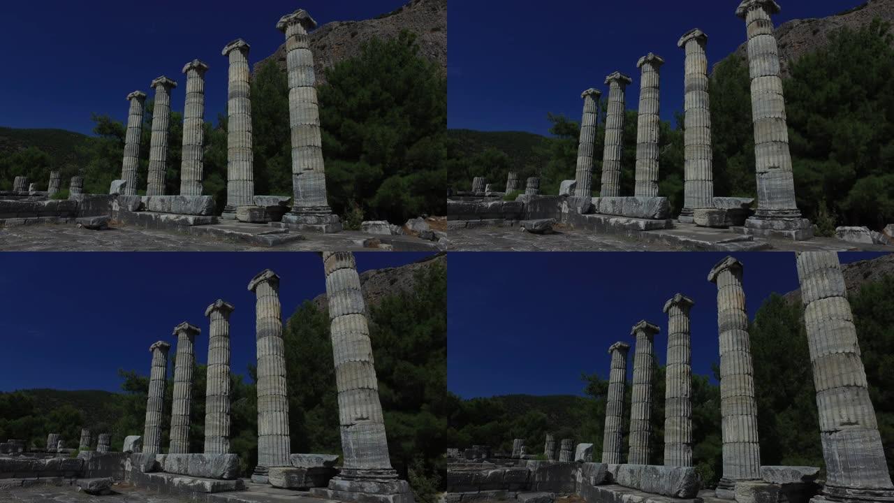 希腊圆柱，古代遗迹，雅典娜普里涅神庙，4K