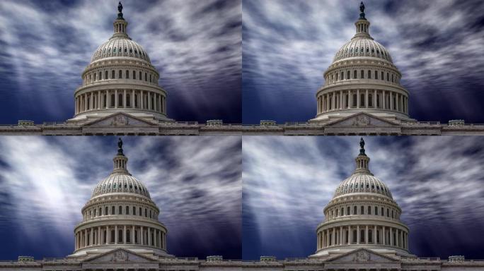 云层时间流逝，光线照射在华盛顿特区的美国国会大厦的圆顶上