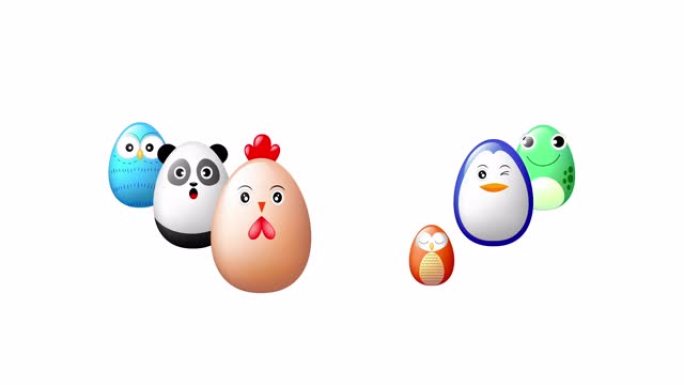 动物椭圆形人物设计。兔子，母鸡，猫头鹰，企鹅，熊猫，青蛙。白色背景上的动画。