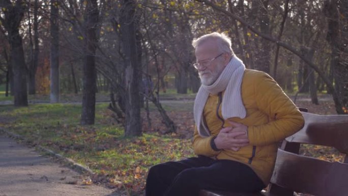 疾病和心脏病发作，戴眼镜的养老金领取者在秋季公园的长凳上放松时胸痛
