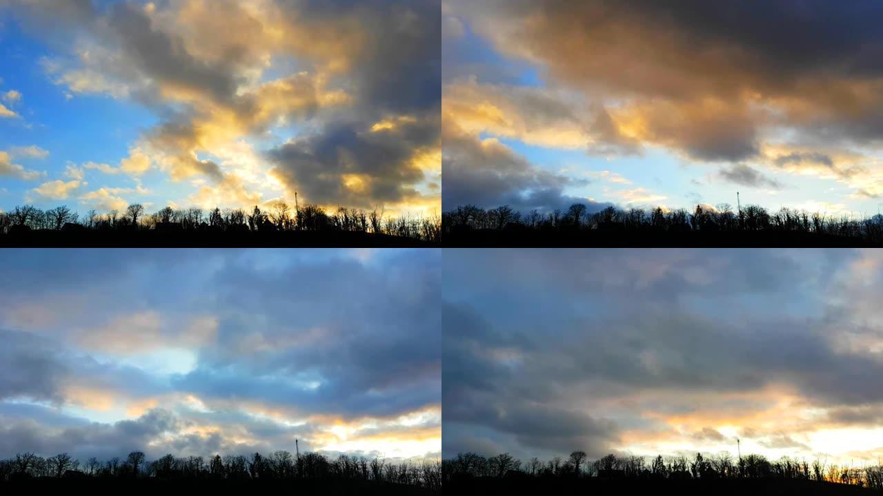 日落时云层的时光倒流改变了颜色，飞机在天空中飞行，留下了凝结尾迹