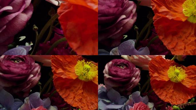 多莉微距拍摄美丽盛开的鲜花花束特写。