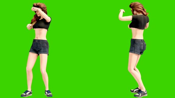 一个年轻漂亮的女人正在从事体育锻炼。绿色屏幕前循环健康概念的3D动画。