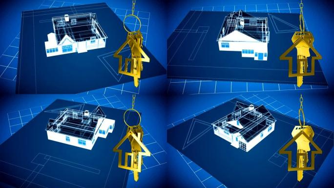 房子钥匙和钥匙扣挂在背景中的3d房子图纸上