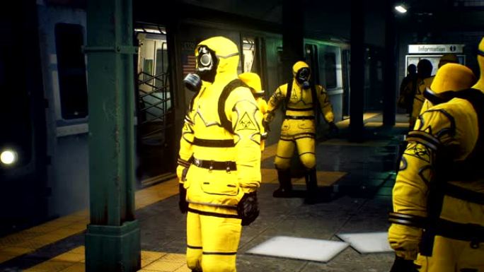 穿着防护化学服装的医生正在等待火车去抗击大流行。全球大流行后世界末日世界的概念。