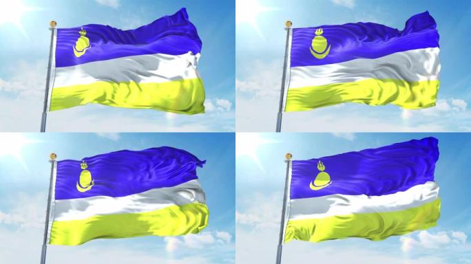 布里亚特国旗在深蓝色的天空中迎风飘扬。国家主题，国际理念。3D渲染无缝循环4K