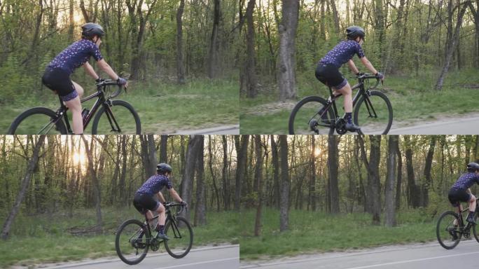 在公园的日落时分骑自行车的女骑车人。遵循侧视图。自行车和铁人三项概念。慢动作
