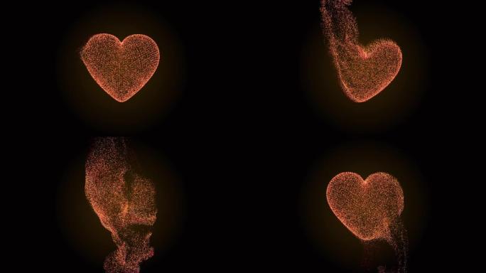 3D渲染带有漂浮在黑暗背景上的流体的心脏粒子