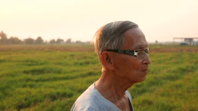 亚洲高级男子在日落背景下在乡村的田野上慢跑。医疗保健概念。
