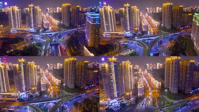 夜间照明青岛市中心交通街路口空中延时全景4k中国